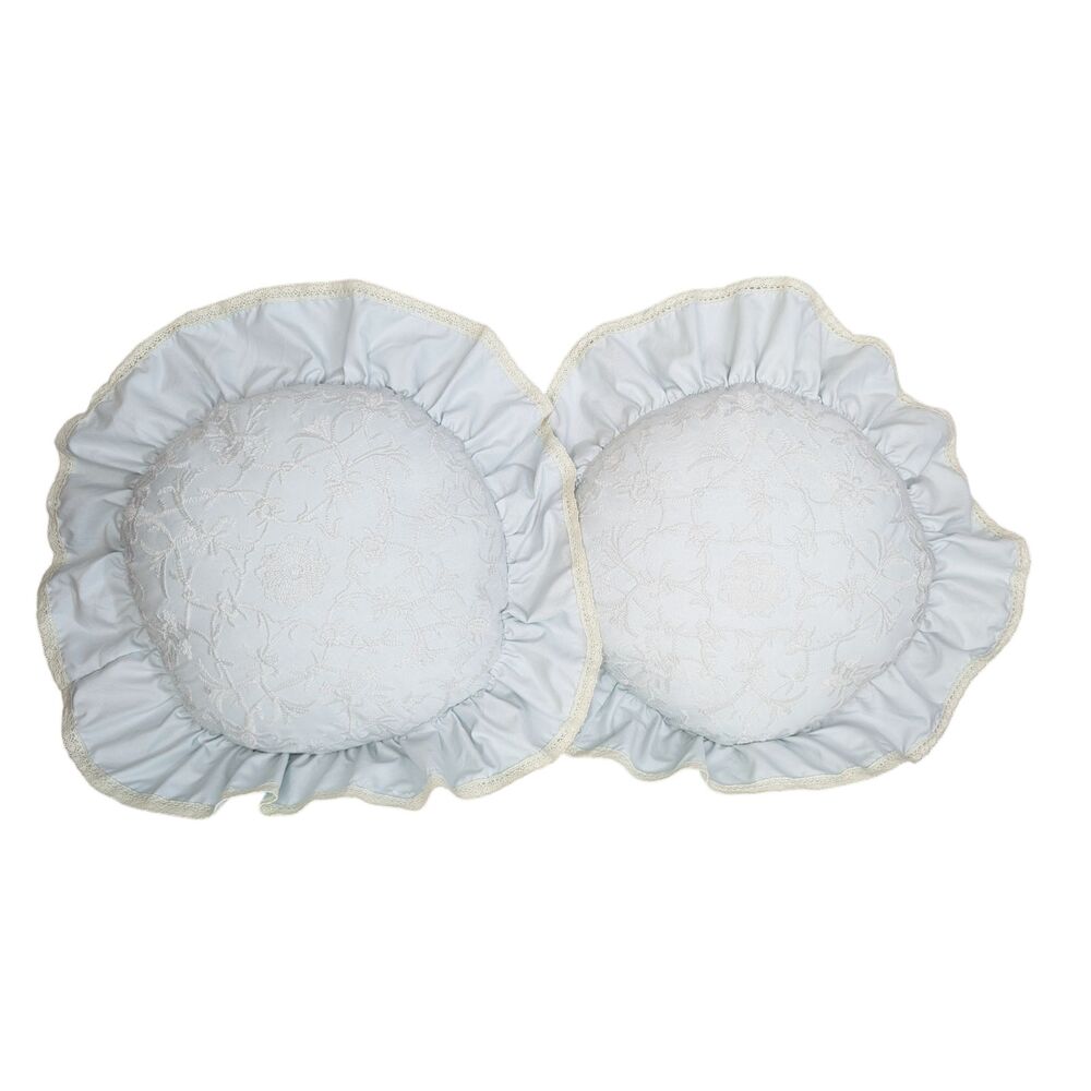 Vintage Cottagecore Shabby Chic Rachel Ashwell Round Throw Pillows Ruffled Blue